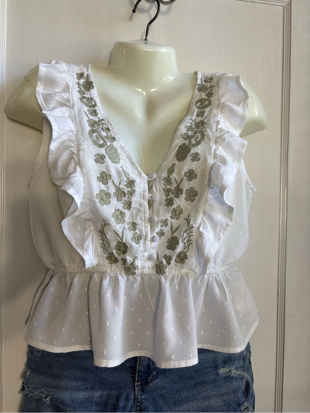 White Ruffle V-Neck Embroidered Tank Top